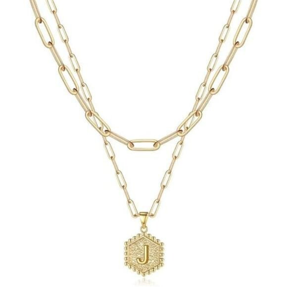 Gold Layered Initial Necklace Dainty Hexagon Pendant Paperclip Chain Gift - Picture 7 of 7